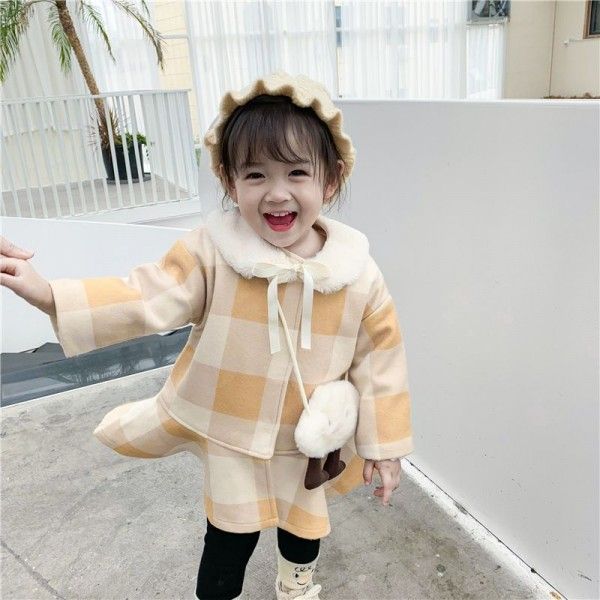 2019 caviar children's winter 1-5-year-old Plaid Cotton tweed overcoat skirt with wool collar cotton clip
