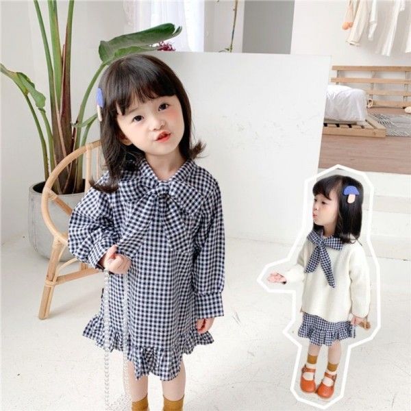 2020 spring two caviar children's pure cotton cloth big bow black and White Plaid Dress long sleeve skirt
