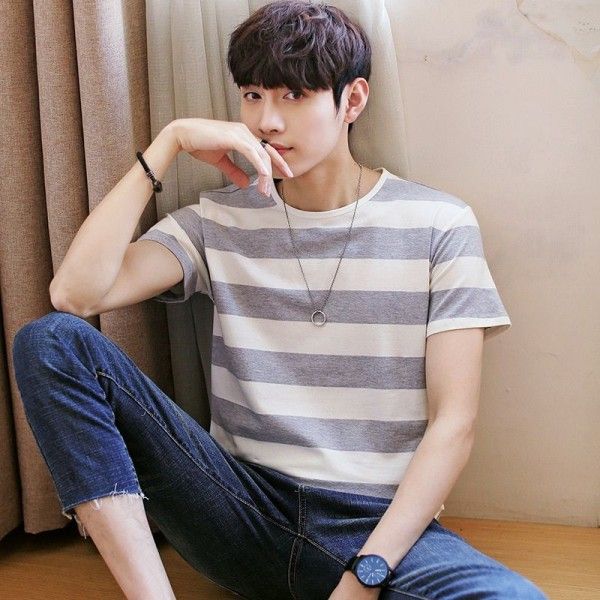 2020 summer men's short sleeve t-shirt men's simple round neck large stripe Korean men's fashion top manufacturer direct sales
