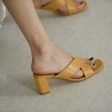 Leather sandals for women's summer 2019 new chunky heels, high heels, yellow slackers size 33-40
