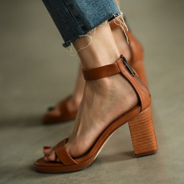 One word sandals with retro Brown high heels women's thick heel waterproof platform ROMAN SANDALS
