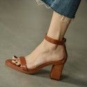 One word sandals with retro Brown high heels women's thick heel waterproof platform ROMAN SANDALS

