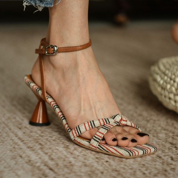 Cat heel sandals women's summer 2020 new one word high heels women's thick heels women's shoes
