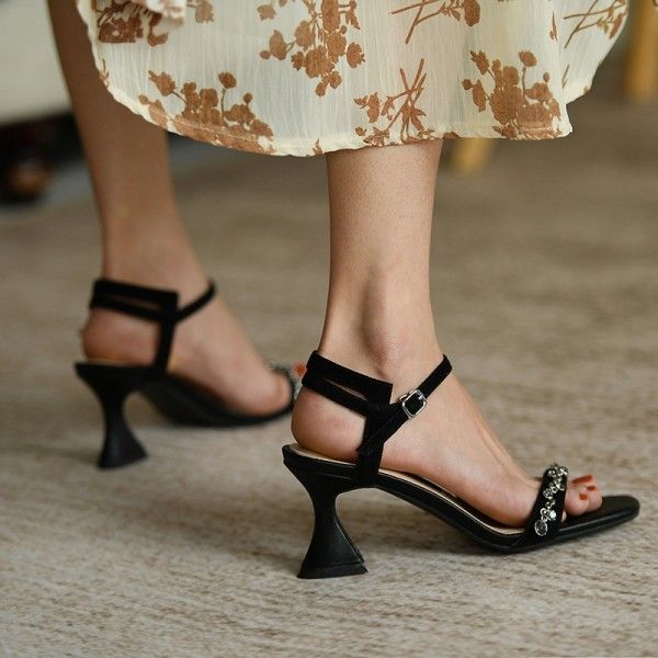 Cat heel sandals women's high heels new women's shoes 2019 Summer Black open toe Roman shoes