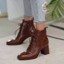 Brown Vintage Lace up high heel short boots women's thick heel ankle boots women's barefoot shoes
