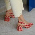 Fresh Plaid square head thick heel with single high heel women's shoes
