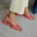 Fresh Plaid square head thick heel with single high heel women's shoes

