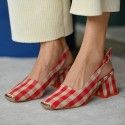 Fresh Plaid square head thick heel with single high heel women's shoes
