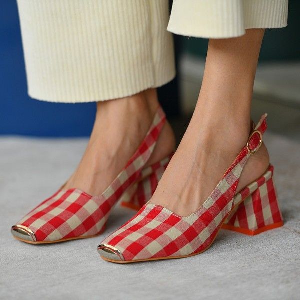 Fresh Plaid square head thick heel with single high heel women's shoes
