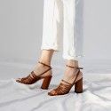 Summer Brown women's shoes one word buckle strap thick heel back empty Roman women's sandals high heel shoes

