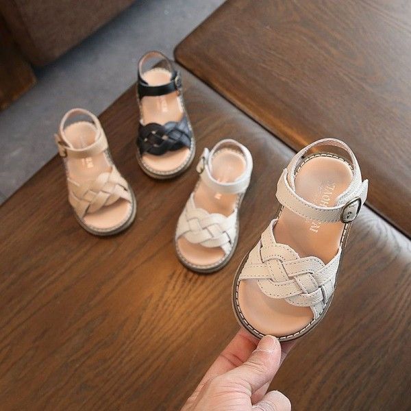 Girls' sandals 2020 summer new Korean children's knitting children's sandals girl baby leather soft bottom beach shoes
