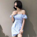 Blue Plaid beach skirt 2020 new fresh temperament lace up French style one neck dress summer wrap chest