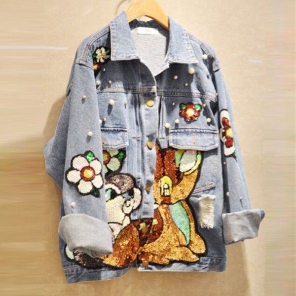 East Gate, South Korea 2020 spring and autumn women's Korean version of Baita netherred design sense cartoon Sequin sticker denim coat
