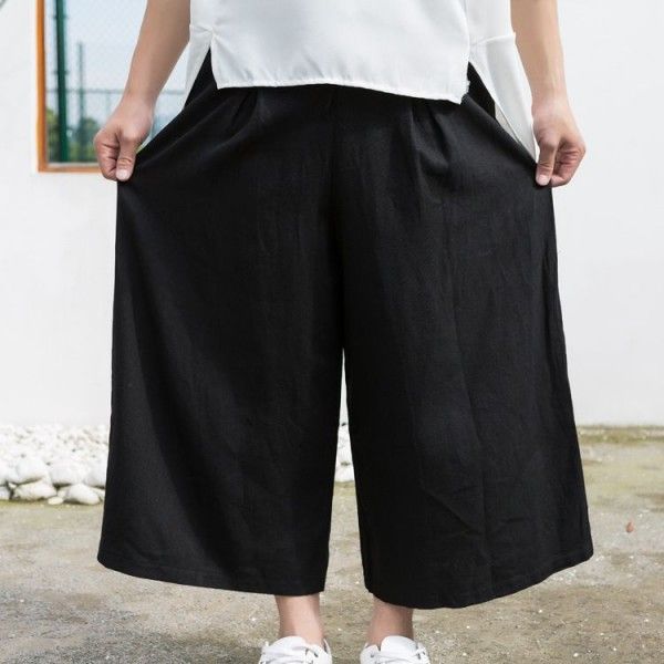 Korean Trend cropped pants trendy men's pants linen Wide Leg Pants Cotton hemp skirt pants loose Chinese flare pants