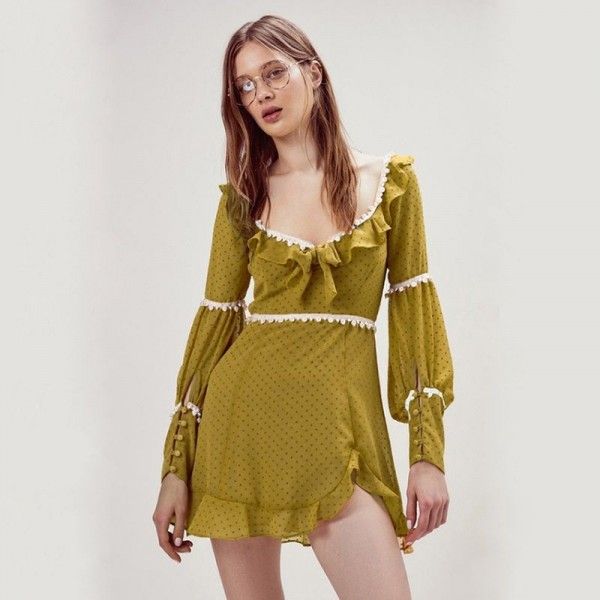 French cross border women's foreign trade spring 2020 retro wave point square neck long sleeve waist collection Chiffon Ruffle Dress