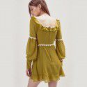 French cross border women's foreign trade spring 2020 retro wave point square neck long sleeve waist collection Chiffon Ruffle Dress