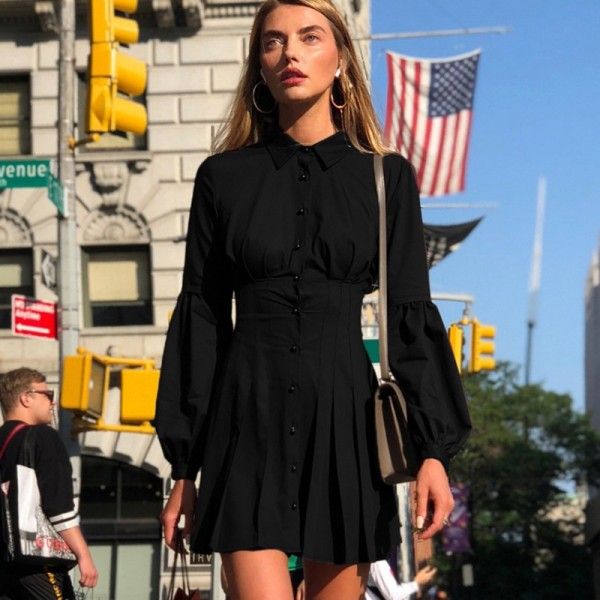 2020 spring new cross border Lapel black dress long sleeve Korean autumn style professional women's pleated skirt