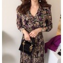 Cross border source 2020 east gate of Korea chic early spring V-neck pleated high waist thin Floral Dress
