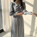 Chic South Korea careful machine pleated small V-neck floral waist show thin pleated long dress woman
