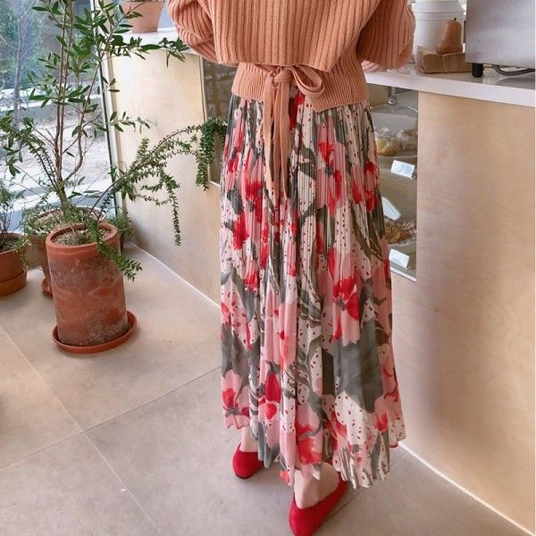 Cross border source South Korea early spring gentle romantic tulip Print Chiffon Skirt pleated design long skirt
