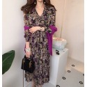 Cross border source 2020 east gate of Korea chic early spring V-neck pleated high waist thin Floral Dress
