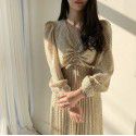 Chic South Korea careful machine pleated small V-neck floral waist show thin pleated long dress woman
