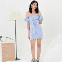 Blue Plaid beach skirt 2020 new fresh temperament lace up French style one neck dress summer wrap chest