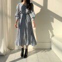 Chic South Korea careful machine pleated small V-neck floral waist show thin pleated long dress woman
