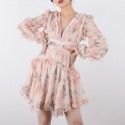 2020 spring women's new European and American cross-border long sleeve retro Printed Dress Sexy wood ear lace up dress