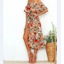 2020 Amazon summer new style one shoulder wrap chest flounce Chiffon Printed Dress fish tail long skirt