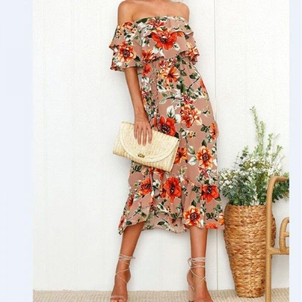 2020 Amazon summer new style one shoulder wrap chest flounce Chiffon Printed Dress fish tail long skirt