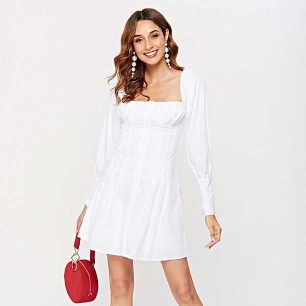 2020 spring women's new European and American trendy white dress women's long sleeve one word collar and waist closing temperament sweet short skirt