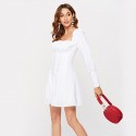 2020 spring women's new European and American trendy white dress women's long sleeve one word collar and waist closing temperament sweet short skirt