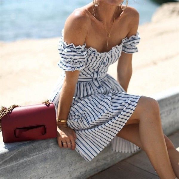 One line collar wood ear dress Europe and America 2020 summer blue and white stripe short sleeve sexy holiday skirt with missing back middle skirt