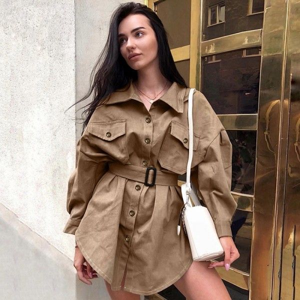 2020 spring foreign trade European and American women's new fashion waist long sleeve dress casual windbreaker coat women's hair
