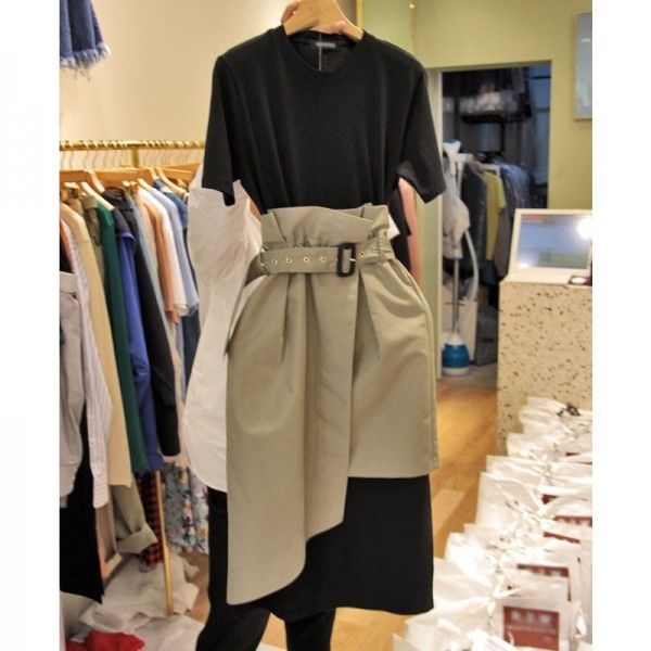 South Korea 2020 summer new women's wear South Korea style slim Two Piece Black Medium Long T-shirt dress women
