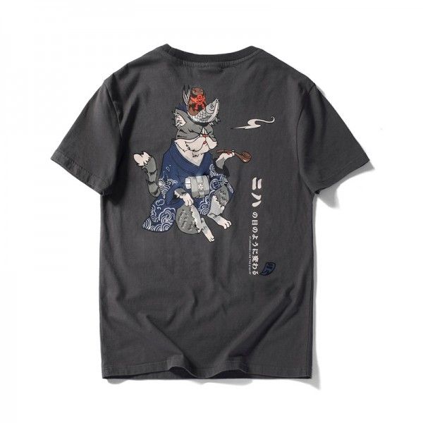 Japanese fashion brand men's short sleeve T-shirt pure cotton pipe cat printing personality youth half sleeve loose top wholesale 