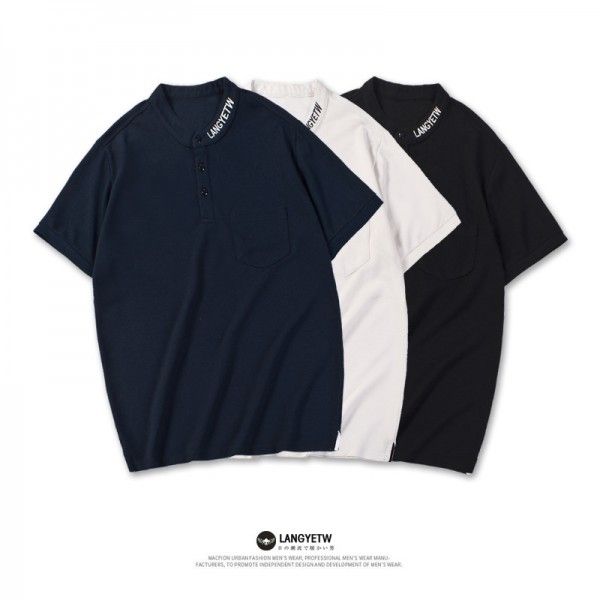 Stand collar polo shirt men's summer wear new Pearl land cotton short sleeve Korean youth slim t-shirt men's Short Sleeve Top 