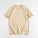 Japanese men's solid color short sleeve T-shirt pure cotton men's round neck water washed and ground wool base coat loose top fashion 