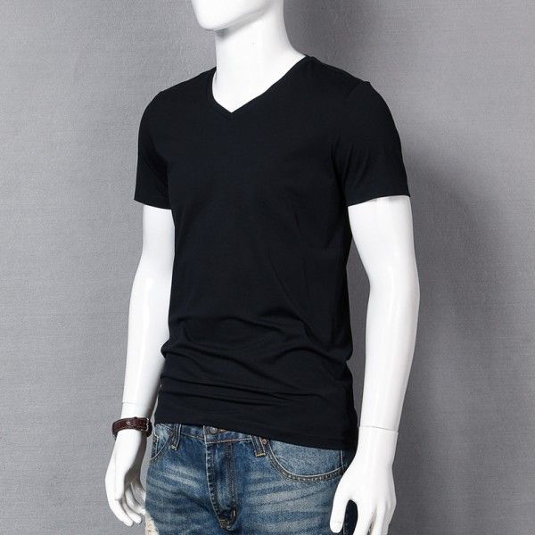 Solid color men's short sleeve T-shirt V-neck fashion trend ice silk cotton slim fit with top and bottom coat 