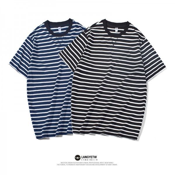 Japanese Hong Kong Style Men's striped short sleeve T-shirt in spring and summer 