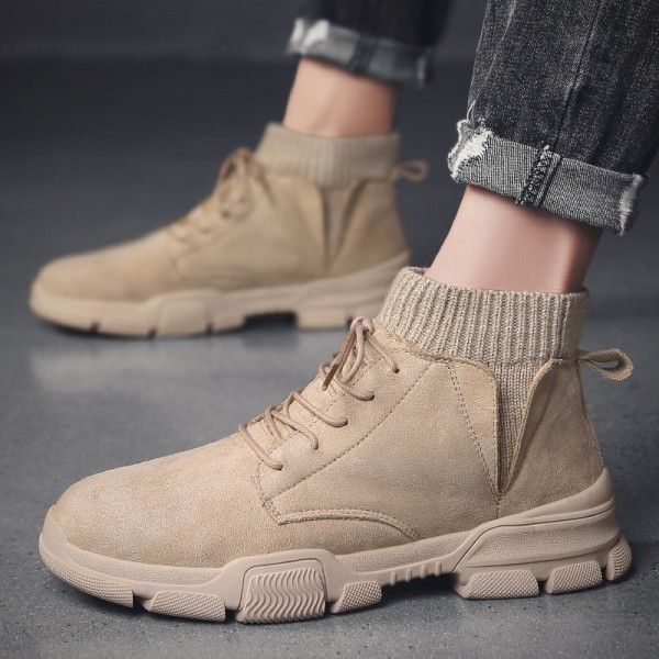 2021 men's shoes single front lace up high top Plush Snow Boots daily square heel winter solid round Martin boots