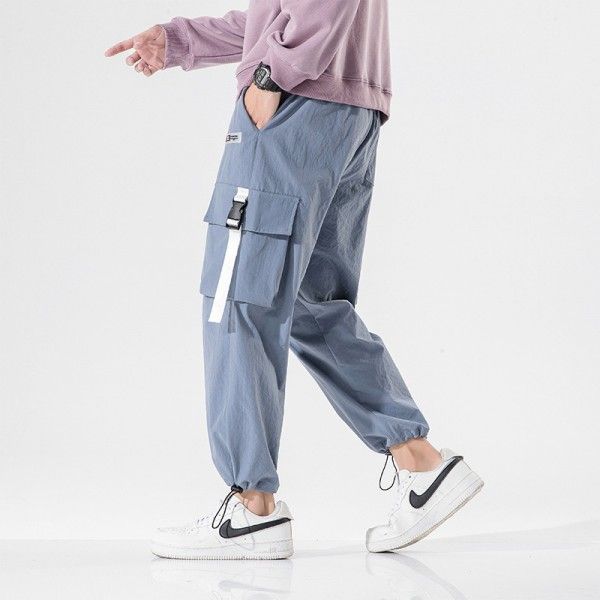 Overalls men's autumn solid color toe binding Korean fashion brand loose large pocket men's sports leisure quarter length pants 