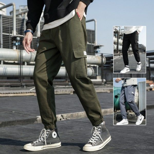 Autumn and winter 2020 new style overalls men's solid color versatile youth loose fashion casual pants men's Japanese tie