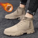 2021 men's shoes single front lace up high top Plush Snow Boots daily square heel winter solid round Martin boots