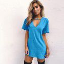 Ebaywish summer hit solid loose short sleeve deep V-neck cut-out T-shirt dress