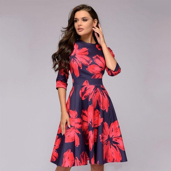 2018 spring and autumn women's dress retro banquet round neck Printed Dress Fashion A-line sexy casual dress