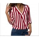New fall 2018 eBay Amazon European and American women's long sleeve V-neck stripe women's Shirt Top