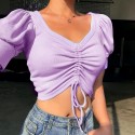 2020 European and American foreign trade new pleated short sleeve top women's 23071 cross border sexy navel top women's hair