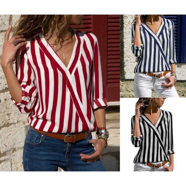 New fall 2018 eBay Amazon European and American women's long sleeve V-neck stripe women's Shirt Top
